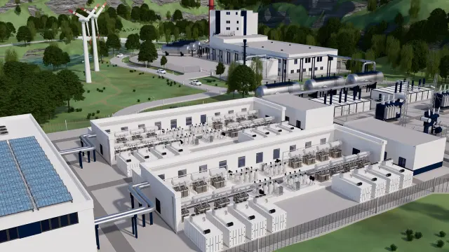 集成博世 Hybrion PEM 电解槽的大规模集中式制氢工厂3D示意图，配套风能与太阳能可再生能源供电。