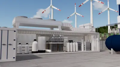 集成博世 Hybrion PEM 电解槽的集装箱式分布式制氢解决方案3D示意图，以风能作为可再生能源供电。